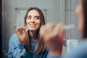 Woman looking in mirror and taking out Invisalign aligner