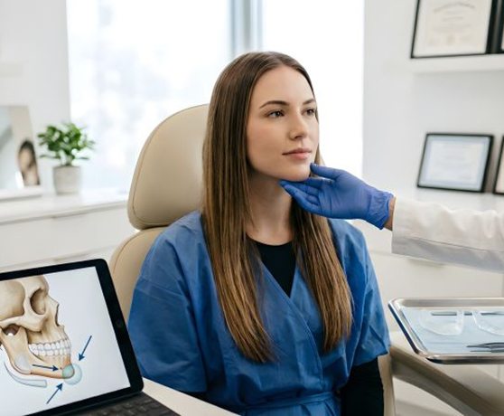 Woman undergoing examination for TMJ disorder