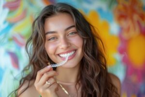 Young woman with beautiful smile holding Invisalign clear aligner.
